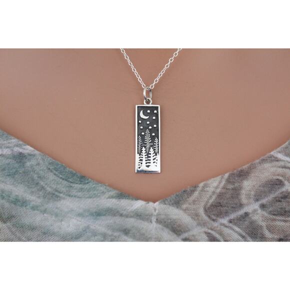 Sterling Silver Rectangle Pine Tree Charm with Moon Necklace - Picture 3 of 5